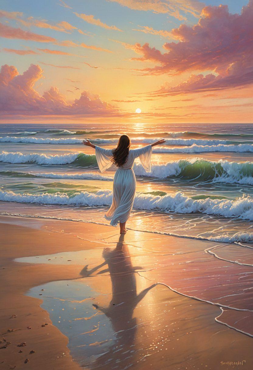 A serene landscape depicting a sunrise over a calm ocean, symbolizing hope and healing. In the foreground, a figure stands with open arms, feeling the warmth of the sun, representing transformation from heartache to strength. Gentle waves lapping at the shore signify emotional release, while blooming flowers along the beach convey resilience. Include soft pastel colors and a peaceful atmosphere. super-realistic. vibrant colors. tranquil.