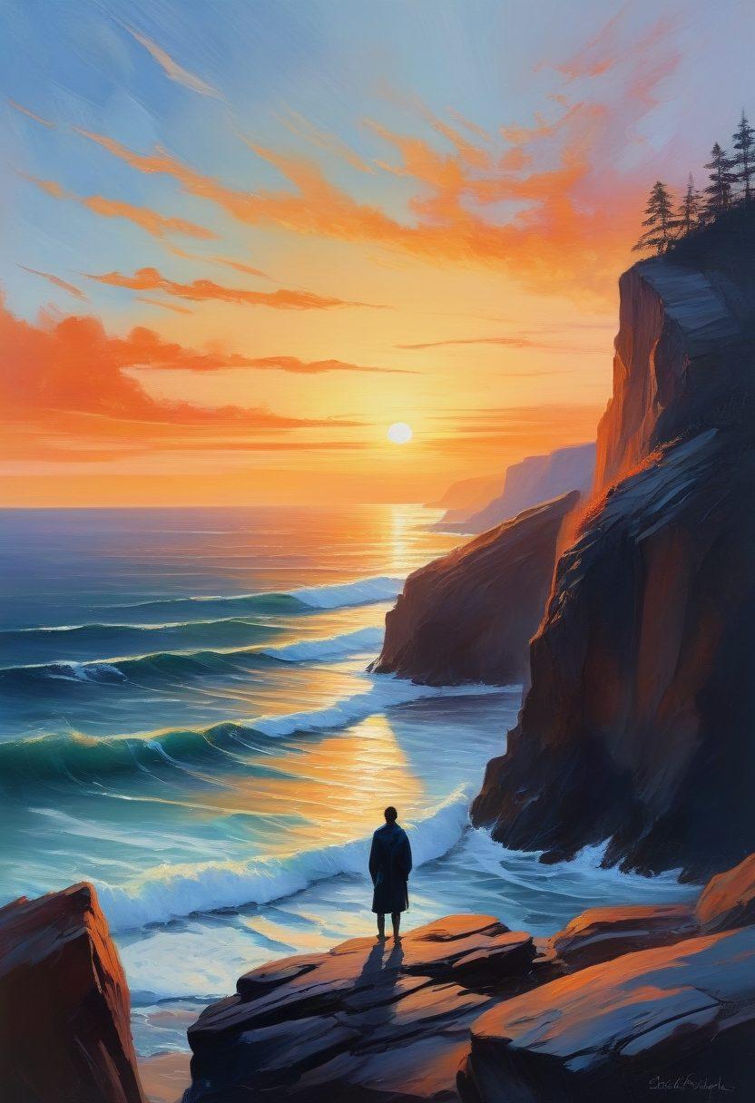 A serene landscape featuring a lone figure standing on a cliff, gazing out over a vast ocean at sunset, symbolizing introspection and emotional depth. The sky is a blend of deep blues and warm oranges, reflecting the contrast of sadness and hope. Gentle waves crash against the rocks, with a soft glow illuminating the figure's silhouette, evoking feelings of solitude and resilience. Use soft brush strokes and a calming color palette for a poignant effect. painting. vibrant colors.