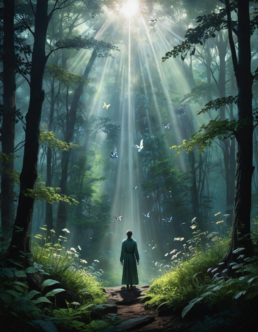 A serene landscape depicting a person standing at the edge of a dark forest, looking toward a bright light breaking through the clouds on the horizon. Soft rays of sunlight gently illuminate their face, symbolizing hope and resilience. Surrounding them are lush trees and blooming flowers, representing growth and healing. Ethereal butterflies float in the air, adding a touch of magic. super-realistic. vibrant colors. calming atmosphere.